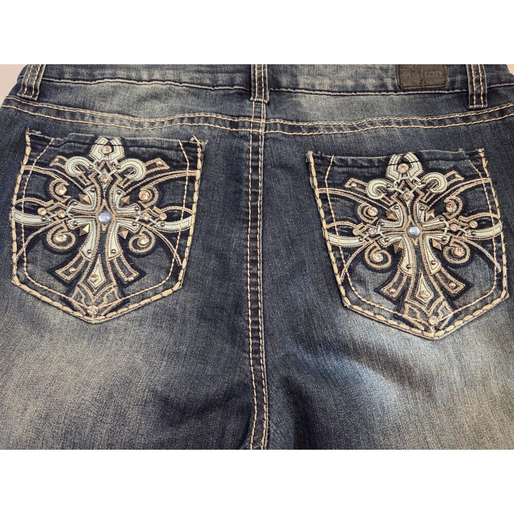 Love X Nation Women's Size 16 Bootcut Jeans Cross Bling Y2K Dark Wash 36x33.5 - Picture 5 of 9